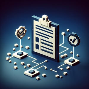 3D voxel art depicting the concept of IT quality surveys against a dark blue background.
