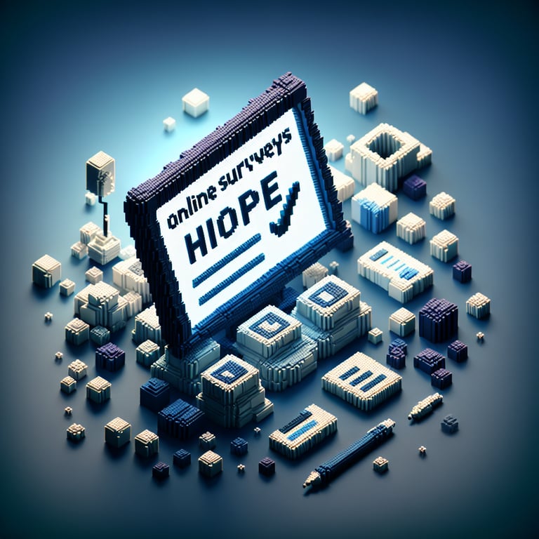 3D voxel art depicting online hope surveys with a dark blue background.