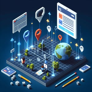 3D voxel art depicting online geographic location surveys on a dark blue background.