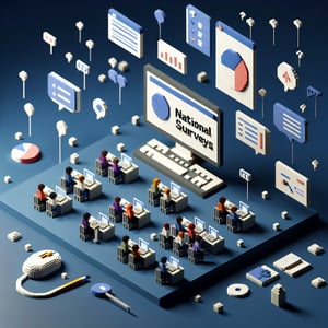 3D voxel art depicting online national student surveys with a dark blue background.