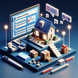 3D voxel art depicting online assisted living surveys, with a dark blue background.