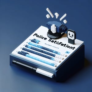 3D voxel art illustrating an online police satisfaction survey on a dark blue background.
