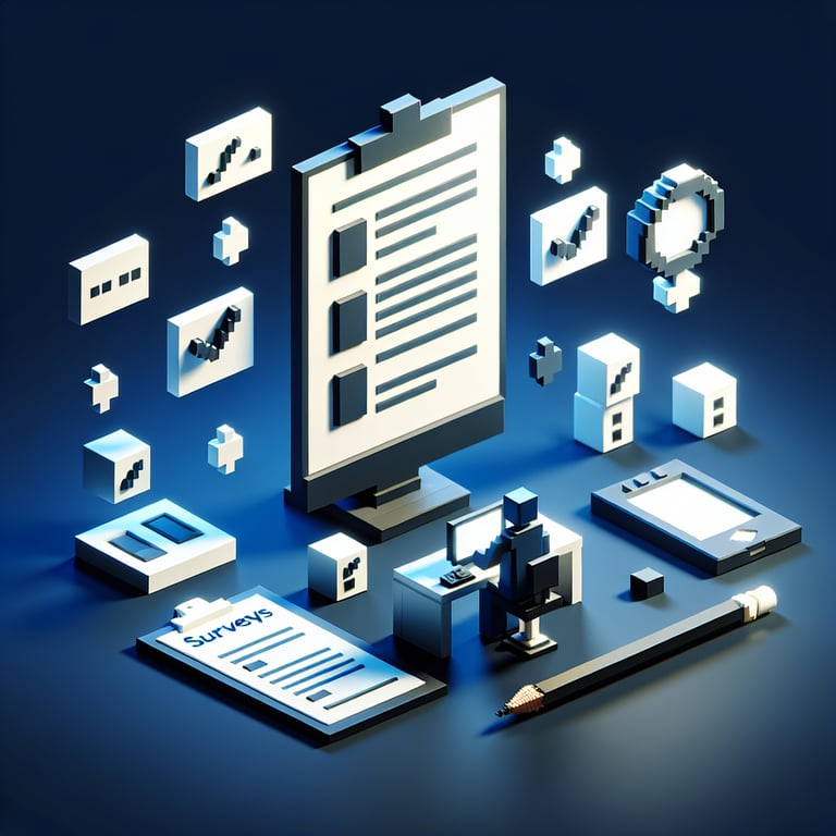 3D voxel art depicting online company feedback surveys, set against a dark blue background.
