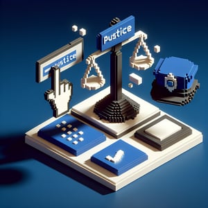 3D voxel art depicting online crime and police subpoena surveys on a dark blue background.