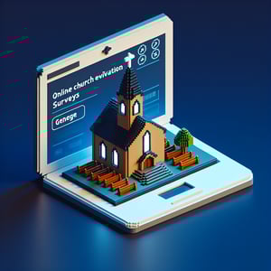 3D voxel art depicting online church evaluation surveys on a dark blue background.