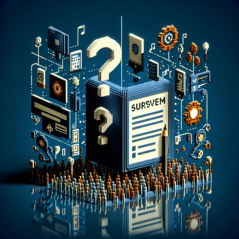 3D voxel art depicting online surveys related to Detroit Become Human on a dark blue background.