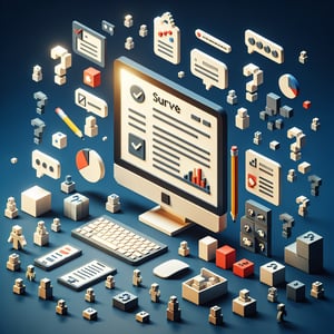 3D voxel art depicting online training surveys on a dark blue background.