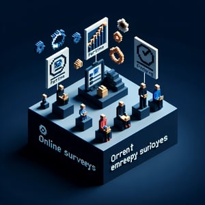 3D voxel art depicting online survey concept on dark blue background, related to employment status.