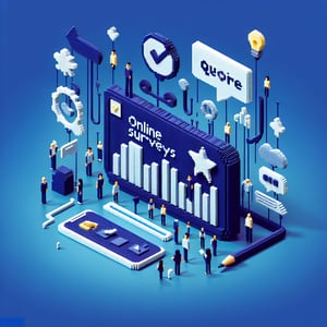 3D voxel art depicting the concept of online performance review process surveys on a dark blue background.