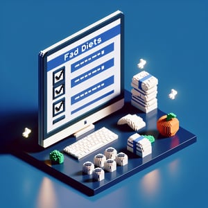 3D voxel art depicting online fad diet surveys on a dark blue background.