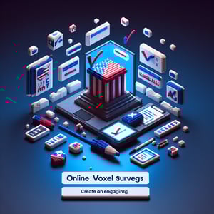 3D voxel art depicting online electoral college surveys on a dark blue background.