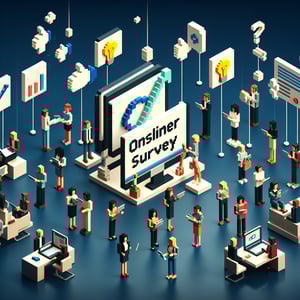 3D voxel art depicting online customer service surveys on a dark blue background.