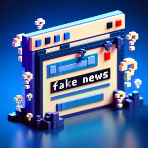 3D voxel art depicting online surveys, symbolizing fake news surveys, on a dark blue background.