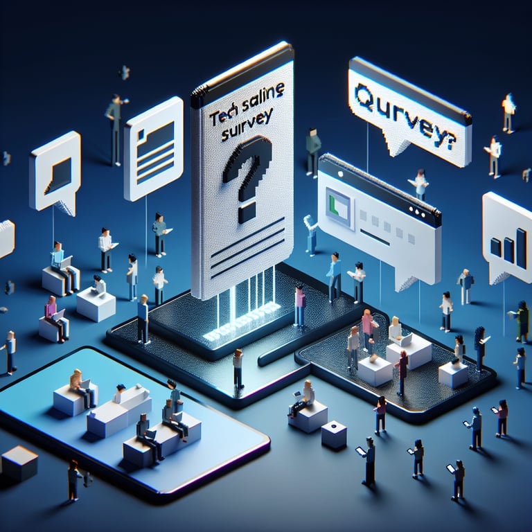 3D voxel art depicting online tech savviness surveys on a dark blue background.