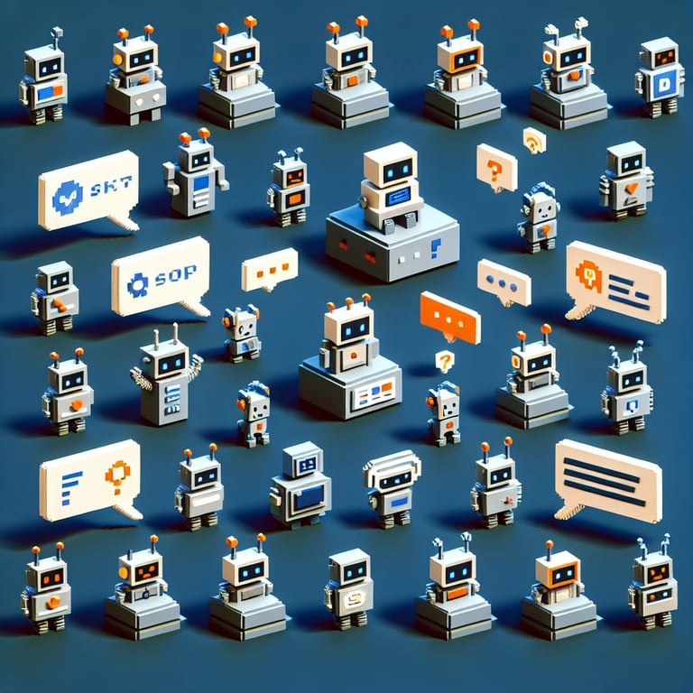3D voxel art illustrating the concept of online chat surveys on a dark blue background.