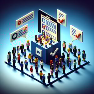 3D voxel art depicting online surveys, symbolizing networking event survey questions on a dark blue background.