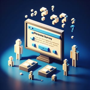 3D voxel art depicting online persona surveys with engaging elements on a dark blue background.