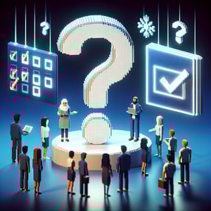 3D voxel art depicting online survey concept, with a focus on cyberbullying, on a dark blue background.