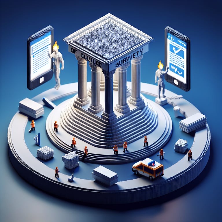 3D voxel art depicting online safety culture surveys on a dark blue background.