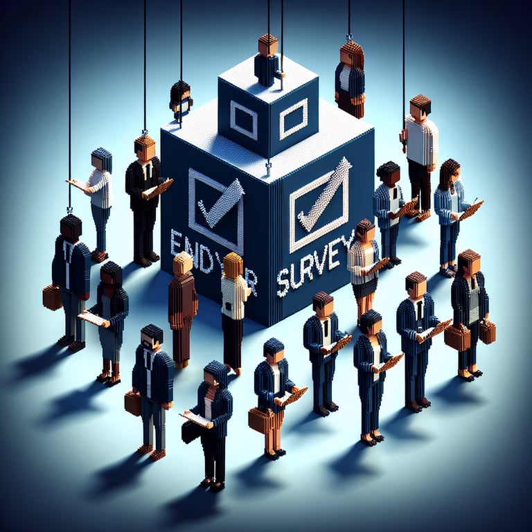 3D voxel art depicting online end-of-year employee surveys on a dark blue background.