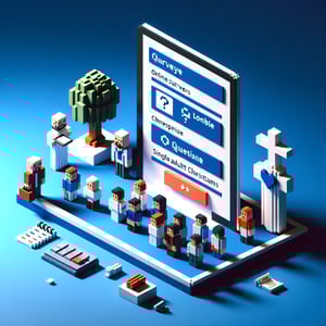 3D voxel art depicting online surveys, dark blue background, no text or branded content.