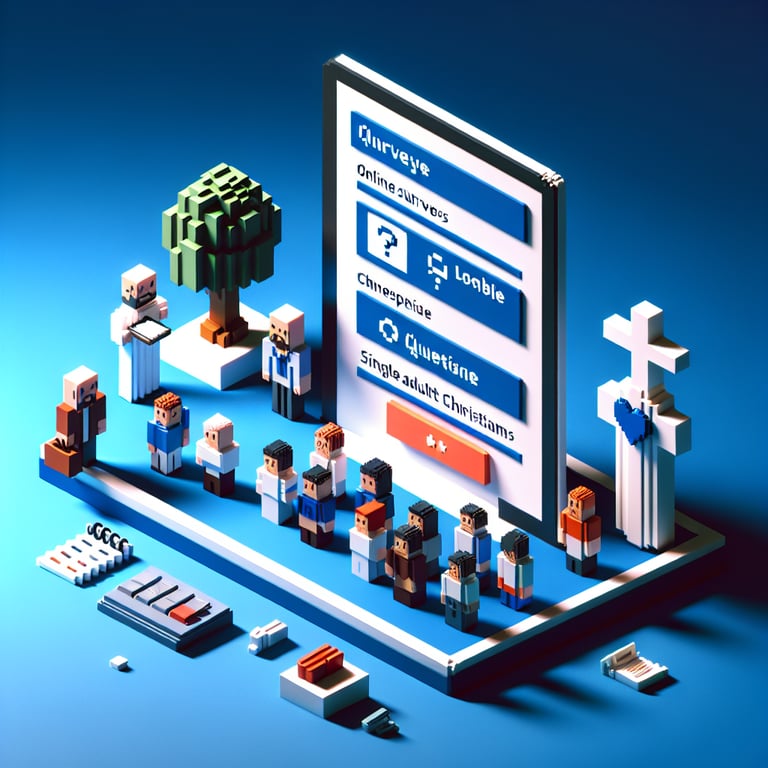 3D voxel art depicting online surveys, dark blue background, no text or branded content.