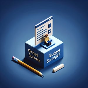 3D voxel art depicting online school budget survey concept on a dark blue background.