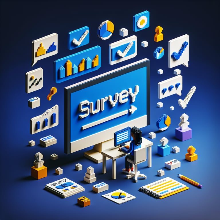 3D voxel art depicting online Hispanic survey concept on a dark blue background.