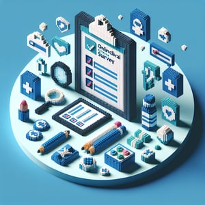 3D voxel art depicting online clinical trial survey process on a dark blue background.