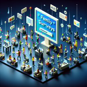 3D voxel art depicting online family survey concept on a dark blue background.