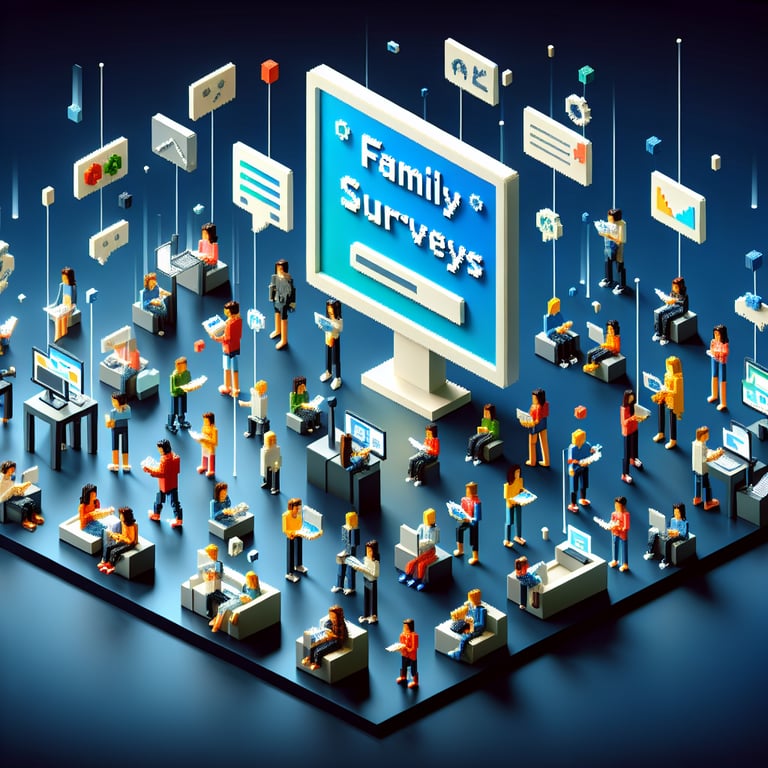 3D voxel art depicting online family survey concept on a dark blue background.