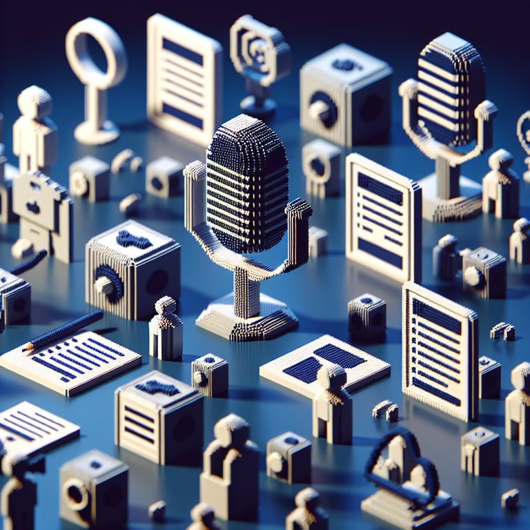 3D voxel art depicting online podcast surveys with engaging elements on a dark blue background.