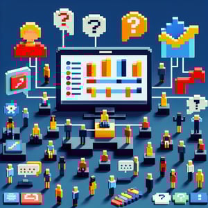 3D voxel art depicting the concept of online feedback surveys on a dark blue background.