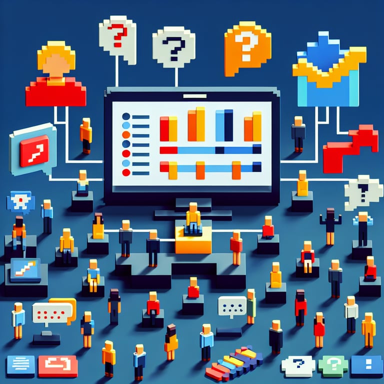 3D voxel art depicting the concept of online feedback surveys on a dark blue background.