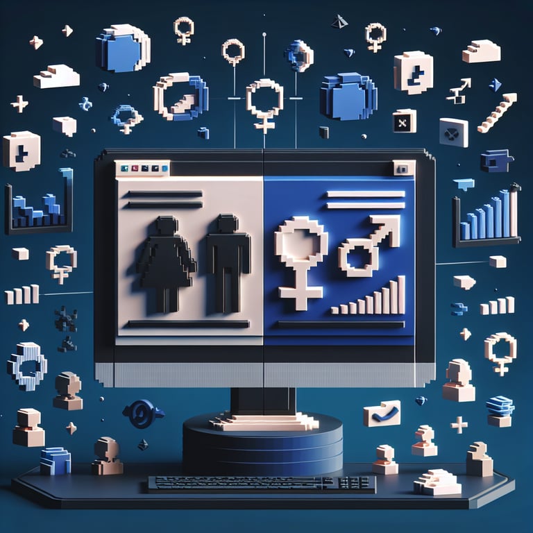3D voxel art depicting online gender role survey concept on a dark blue background.