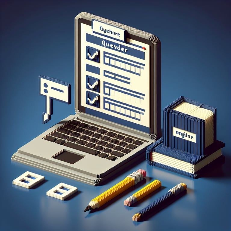 3D voxel art representing online yearbook surveys on a dark blue background.