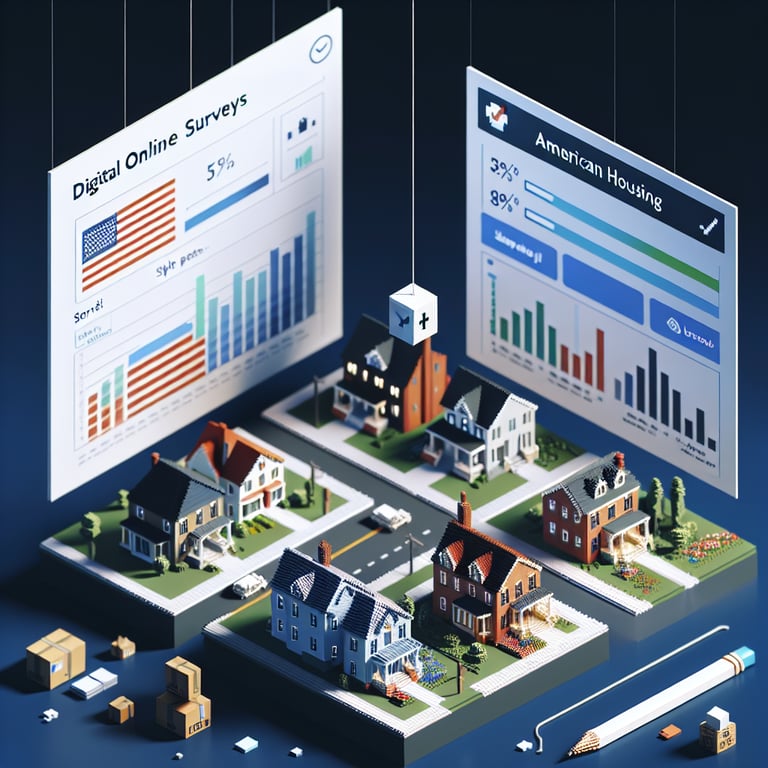 3D voxel art depicting the concept of American housing surveys on a dark blue background.
