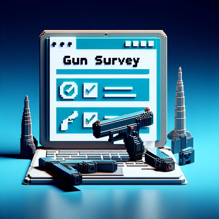 3D voxel art illustrating handgun opinion poll grid in deep blue environment