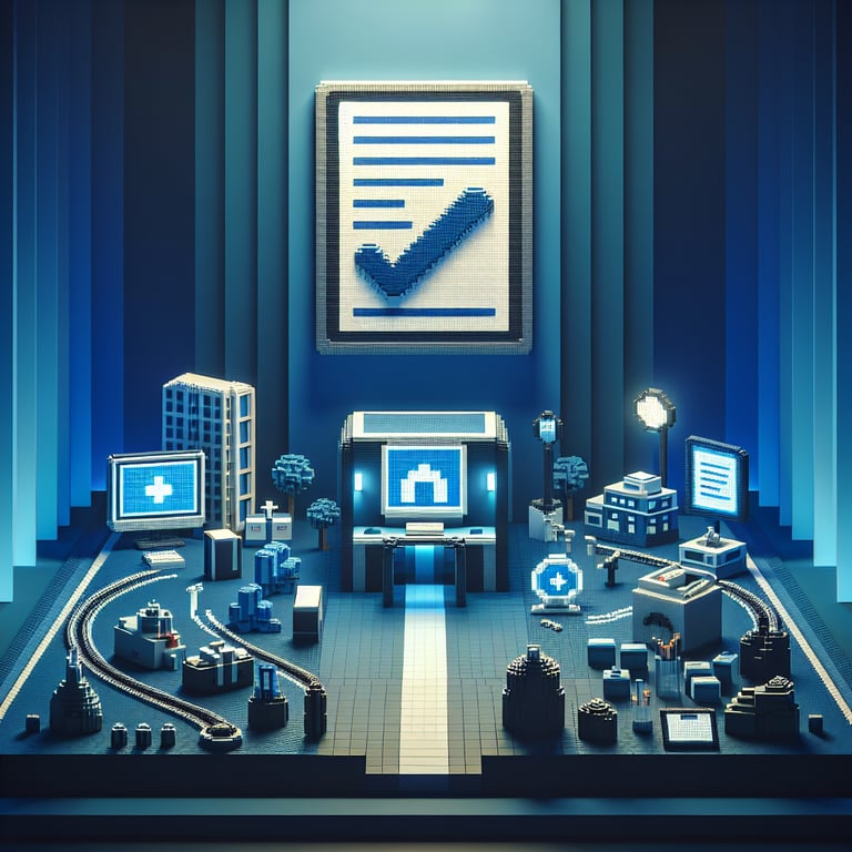 3D voxel art depicting online clinical trial surveys on a dark blue background.