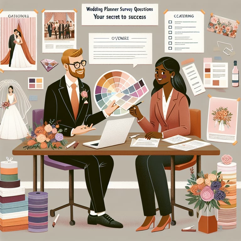 Illustration of Wedding Planner survey questions as a key to success concept.