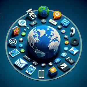 3D voxel art depicting online communication preference surveys on a dark blue background.