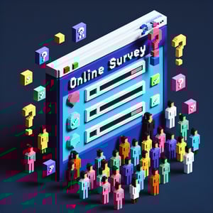 3D voxel art depicting online surveys, themed around dowry system, set against a dark blue background.