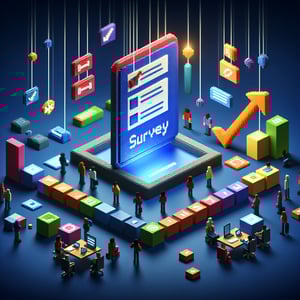3D voxel art representing the concept of online employee intranet surveys on a dark blue background.