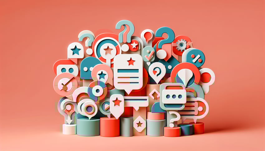 Paper-cut style illustration featuring diverse training feedback questions and survey templates for workshops and courses.