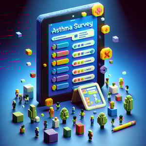 3D voxel art depicting online asthma survey concept on a dark blue background.