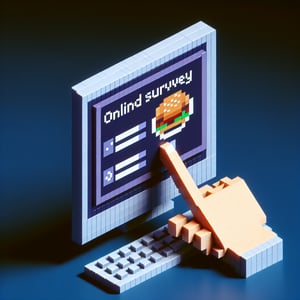 3D voxel art depicting online food surveys on a dark blue background.
