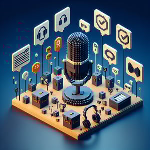3D voxel art depicting online survey concept, set against a dark blue background, for podcast listener surveys.