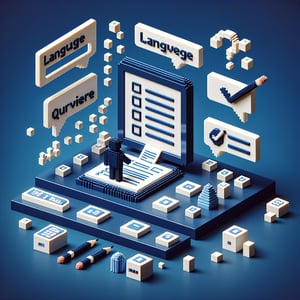 3D voxel art depicting online language surveys on a dark blue background.
