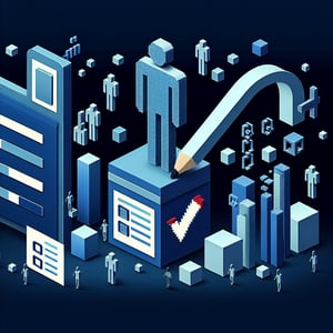 3D voxel art depicting online surveys with a dark blue background, symbolizing NSSE survey questions.
