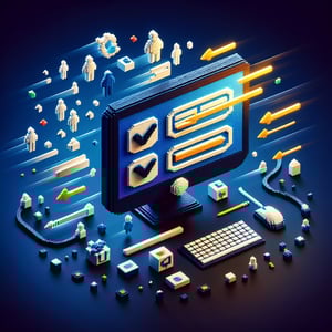 3D voxel art depicting online agile surveys on a dark blue background.